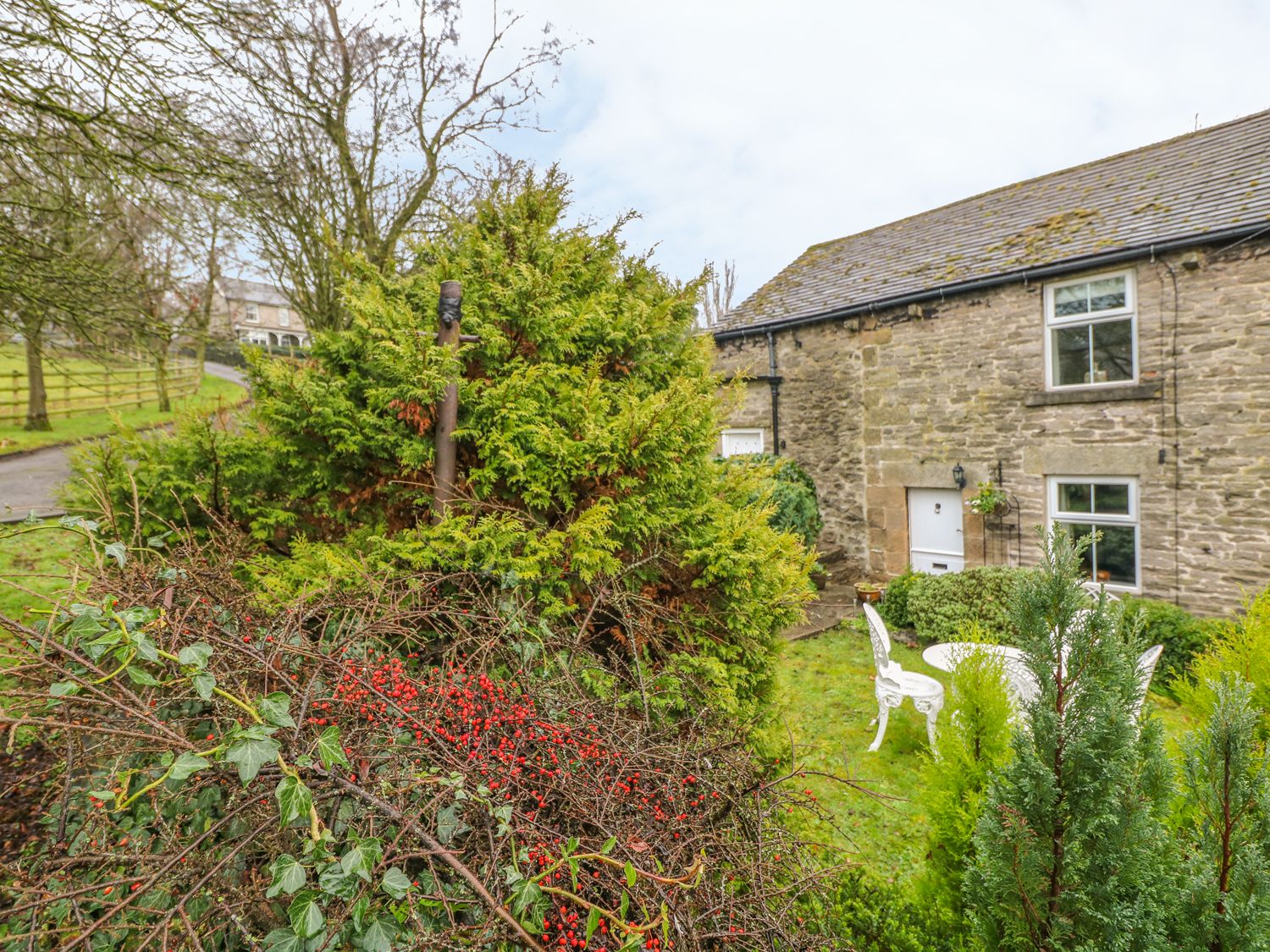 A garden with green shrubs and red berries outside a stone house with white door and windows at Elderbank in Bradwell near Castleton