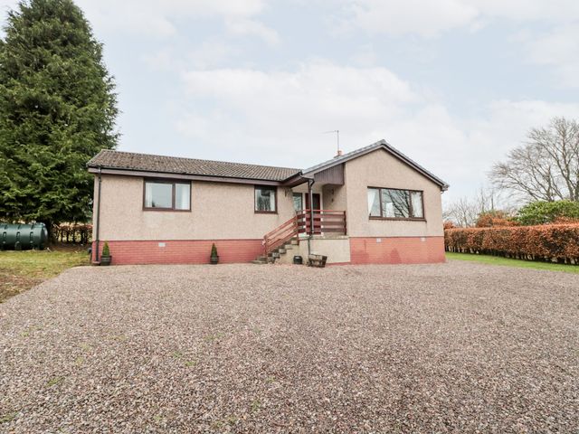 A bungalow with a gravel driveway surrounded by trees and hedges at Broombaulks Farm Bungalow in Jedburgh