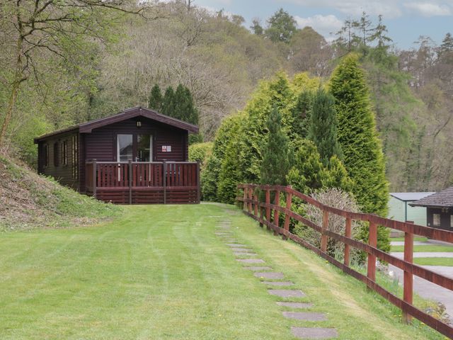 A wooden cabin with a small porch surrounded by grass trees and a wooden fence at Canadian Cabin 37 in Keswick