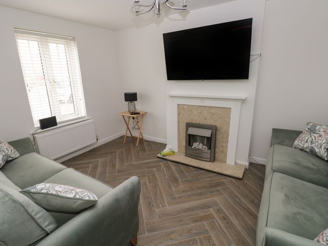 A living room with two green sofas fireplace and a wall mounted TV at 39 Mariners Quay Port Talbot