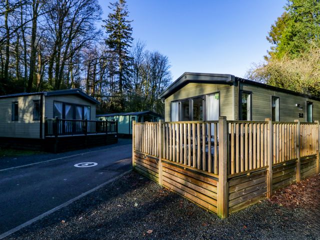 Two mobile homes with wooden decks along a paved road surrounded by trees at Lily Rose Lodge White Cross Bay near Troutbeck Bridge