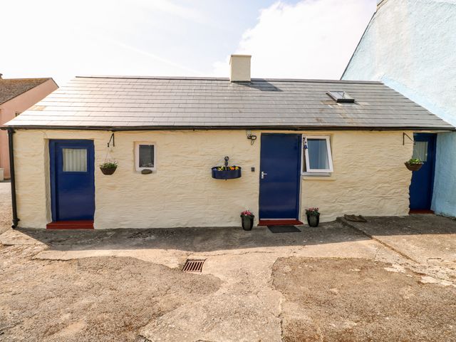 A small stone building with three blue doors and cream walls with hanging plants and flower pots at Ffynnon Tom in Trefin near St Davids