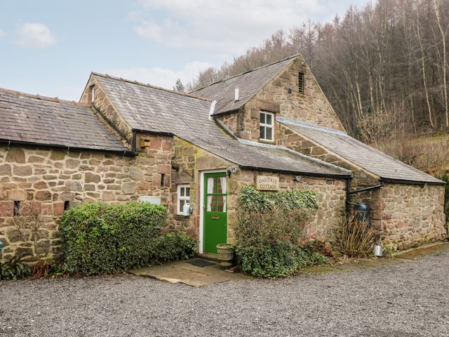 An old stone cottage with a green door surrounded by shrubs at Oak Tree Cottage in Cromford near Matlock Bath