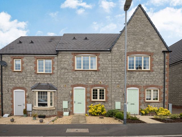 A row of stone townhouses with light green doors and small front gardens at Saplings in Wells