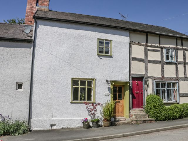 Exterior view of two adjacent houses with different facades and doors with plants outside at Fern House in Leintwardine