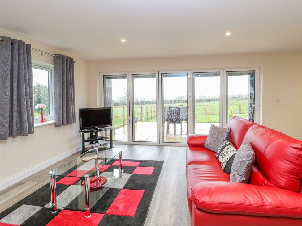 A living room with a red sofa a glass coffee table a patterned rug a small tv on a stand with sliding doors opening to a garden at The Donkey Shed in Sherborne