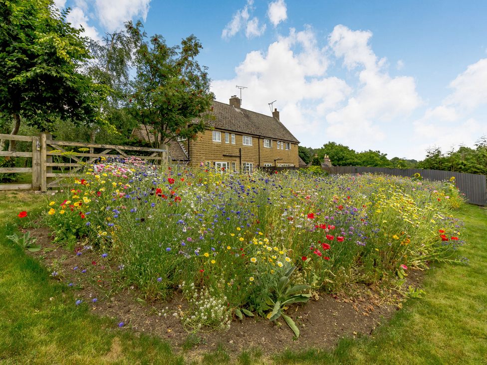 A garden with colorful flowers in front of a stone house with a wooden fence and trees at Ivet Lowe in Hopton near Wirksworth