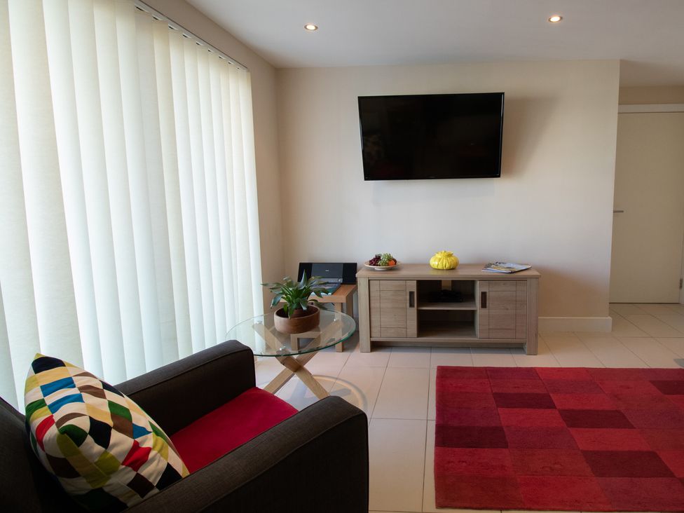 A living room with a wall-mounted television a wooden cabinet a glass side table with a potted plant a dark armchair with a colorful pillow and a red rug at Panoramic View in Castletown Portland