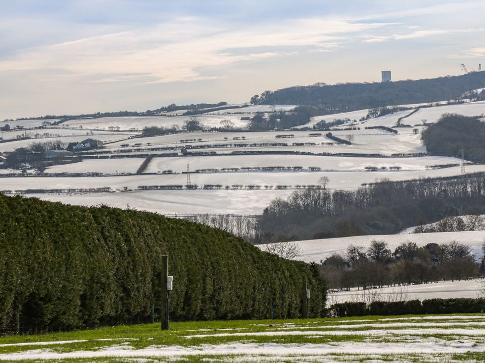 A snowy rural landscape with fields separated by hedges and trees
