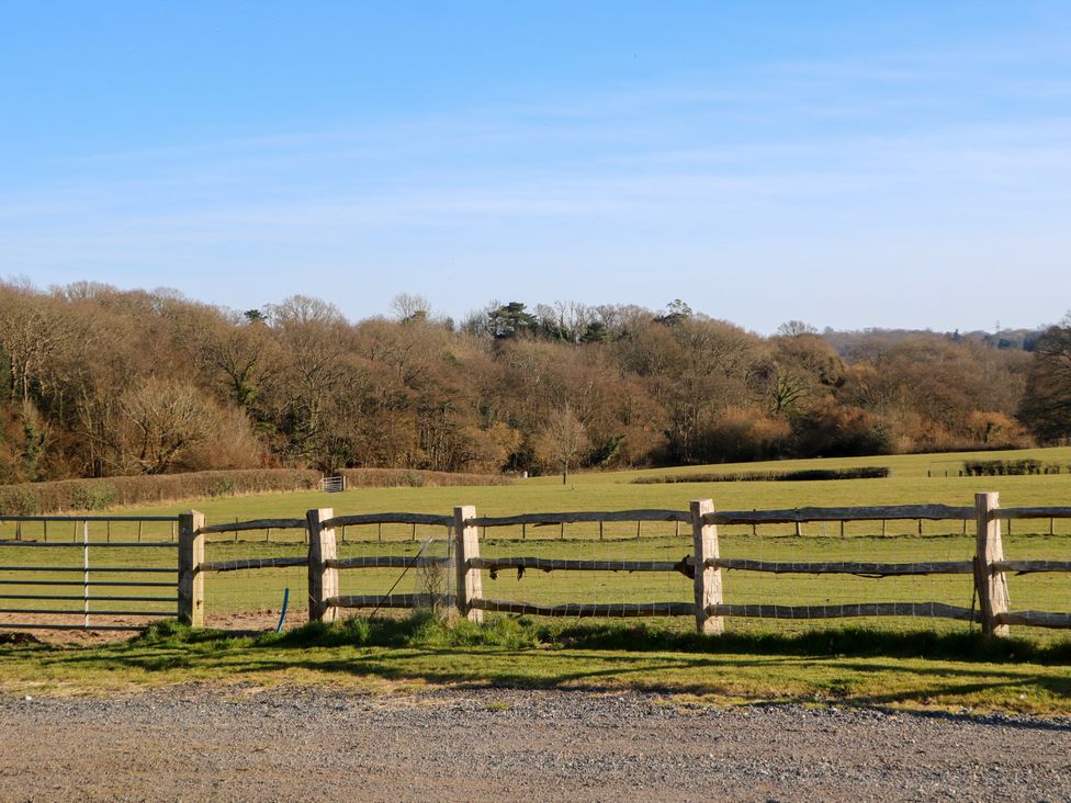 A fenced grassy field with trees in the background under a clear sky at The Cowshed in Sedlescombe near Westfield
