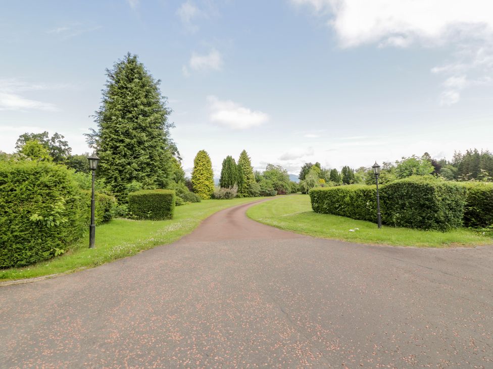 A driveway with street lamps and trimmed hedges alongside grassy areas at Auchentroig House in Buchlyvie