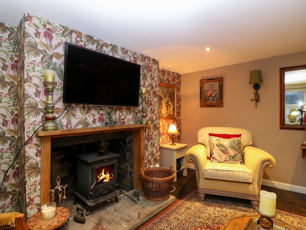 A living room with a wood burning stove under a mounted television and an armchair with patterned cushions at Wonderland Cottage in Newburgh Fife