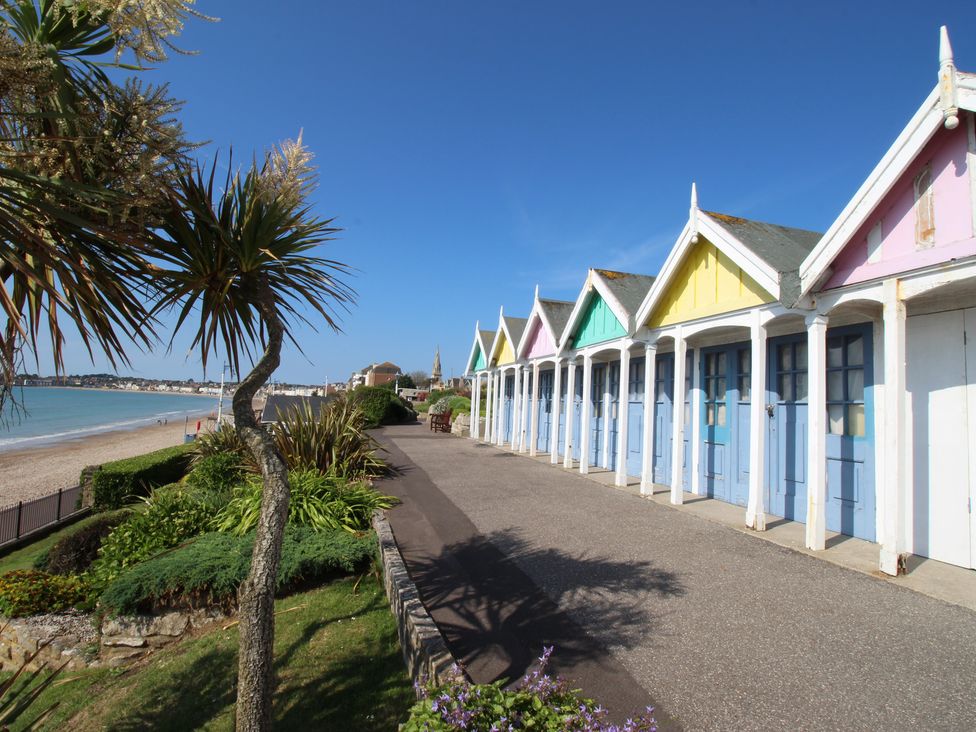 A row of colorful beach huts along a paved path next to a beach and palm-like trees at Seaside House in Weymouth