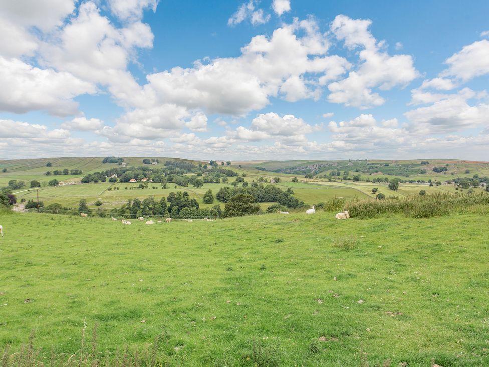 A green field with sheep and hills under a blue sky with clouds at Pogles Wood Cottage in Grassington