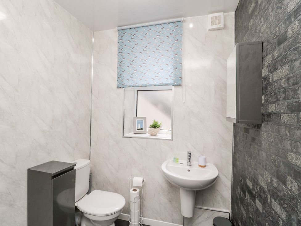 A bathroom with a toilet sink a window with blue bird-patterned blind and a dark cabinet at Studio 51 @ Tynemouth
