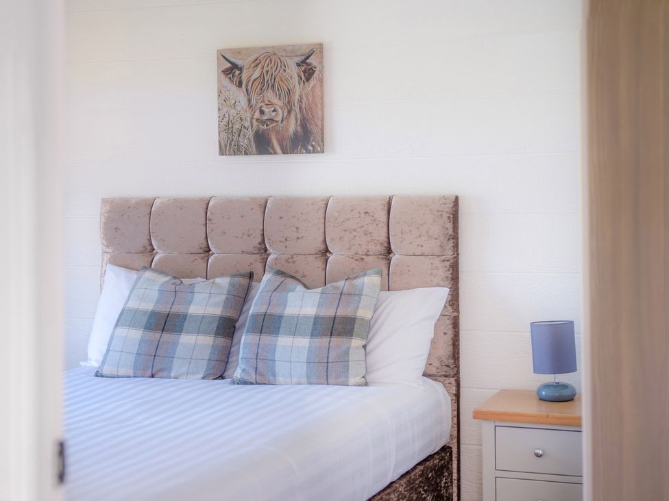 A bed with a padded headboard two plaid pillows a bedside table with a lamp and a painting of a cow on the wall at Lodge 7 - The Earn in Errol
