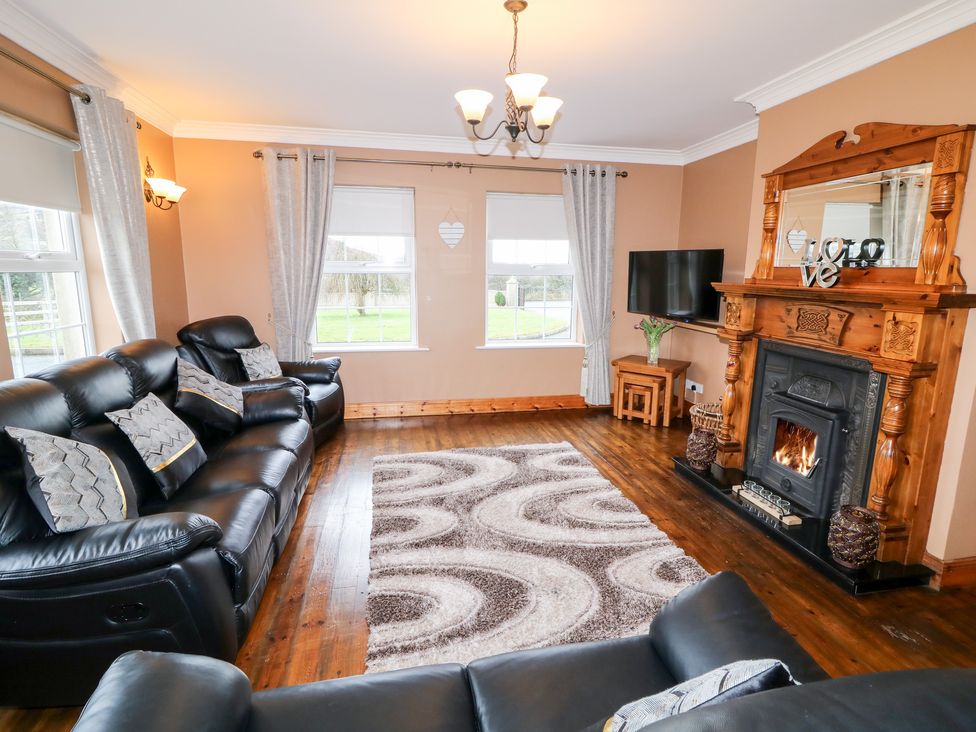 A living room with black leather sofas a patterned rug wooden floor a fireplace and a television at Willow Tree Farm House Newry near Jonesborough