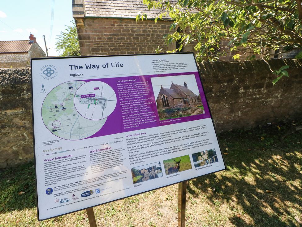 An outdoor information board titled The Way of Life with text and images about Ingleton and local trails at Dale Cottage in Ingleton County Durham