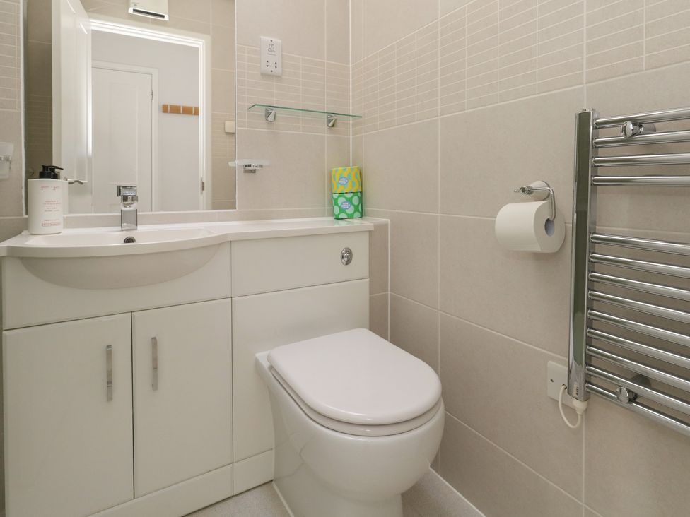 A bathroom with a white toilet a sink with cabinet a mirror a glass shelf and a towel radiator at Swallow Lodge in Milford On Sea