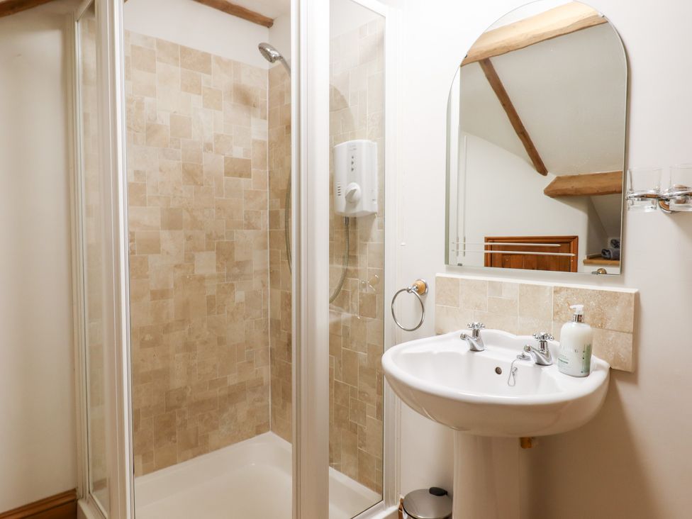 A bathroom with a shower enclosure and a pedestal sink with a mirror at Little Orchard in Ashburton Down near Ashburton