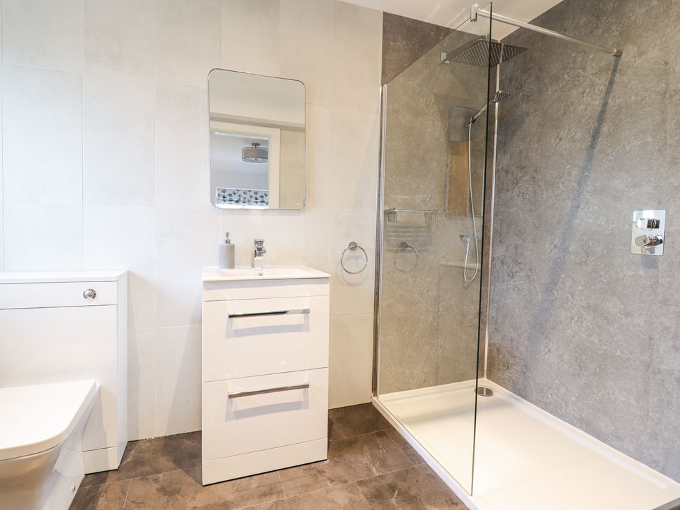 A bathroom with a toilet, sink with cabinet, mirror, and walk-in shower at Aelfor in Harlech