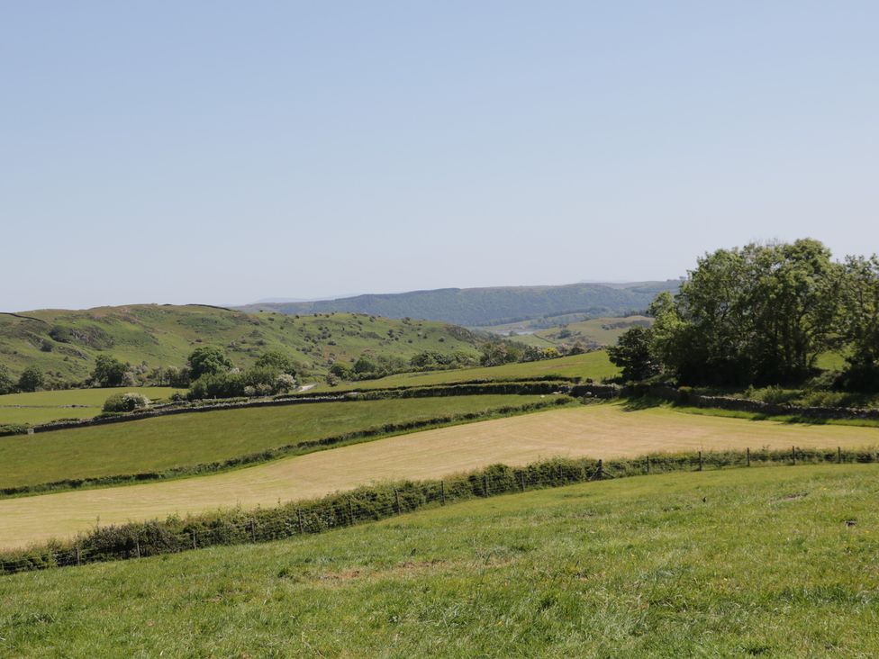 A rural landscape with green fields trees and hills under a clear sky at Holly in Ulverston