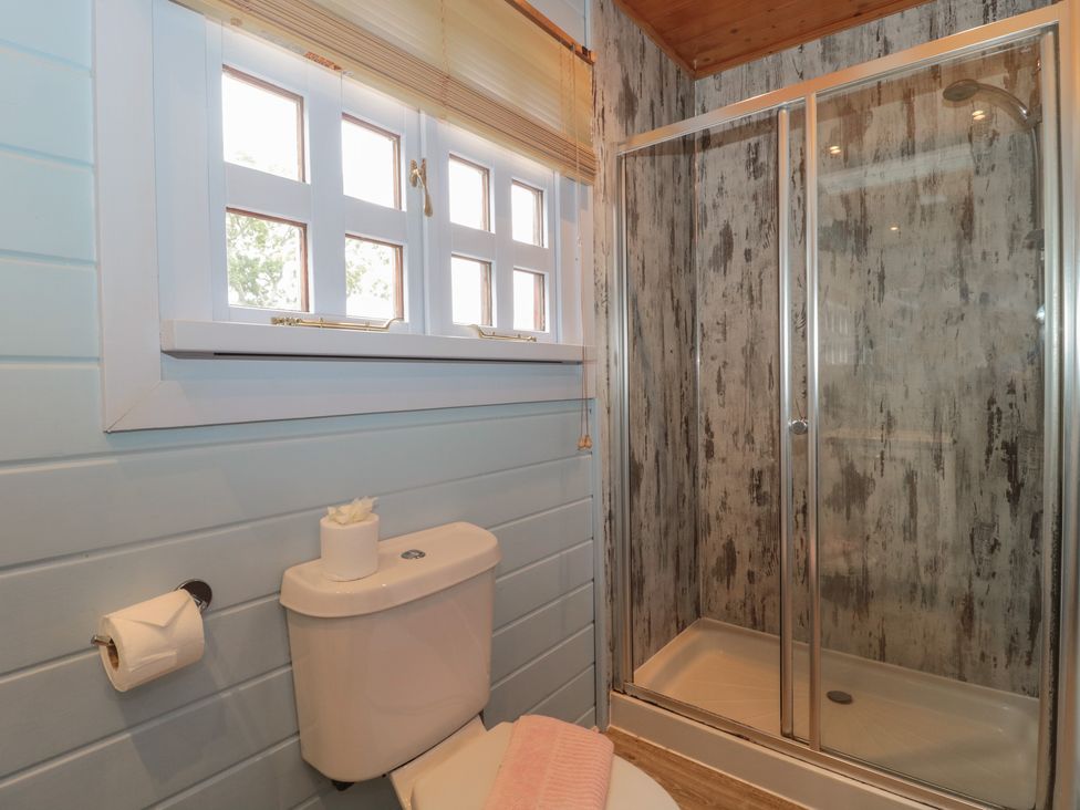 A bathroom with a toilet and a glass shower enclosure at Pine in Swanage