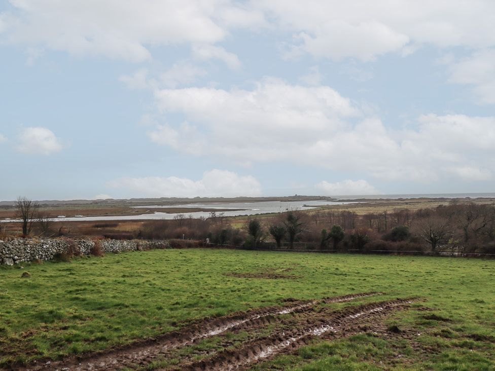 A green field with muddy tire tracks and a stone wall near water and trees at Gaerau Bach in Llanaber