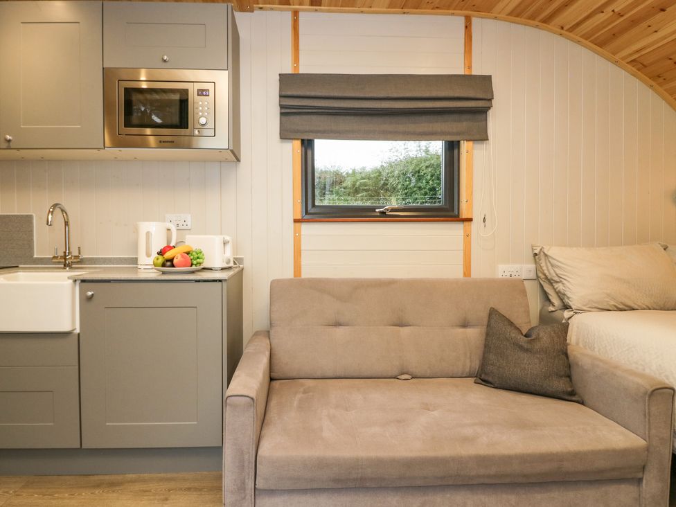 A small kitchen area with grey cabinets a microwave kettle and toaster next to a beige sofa and window in a compact living space at Forest in Dalton-In-Furness
