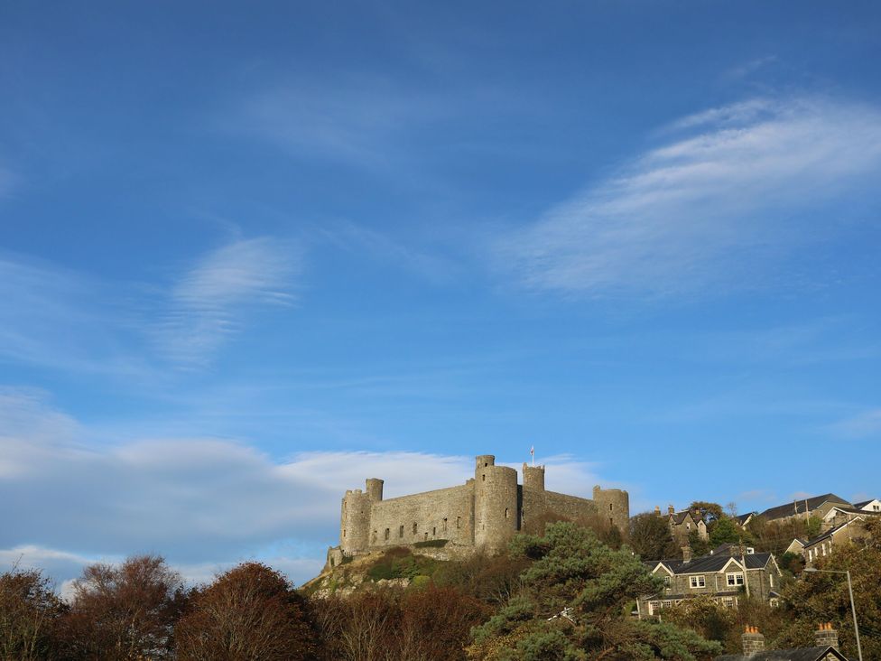 A castle on a hill with houses and trees under a blue sky at Hafod Y Bryn in Harlech