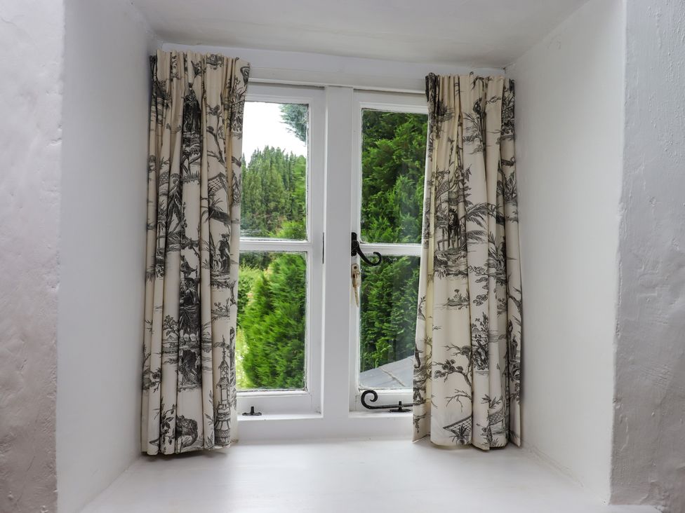 A window with patterned curtains and trees visible outside at Primrose Cottage in Drewsteignton