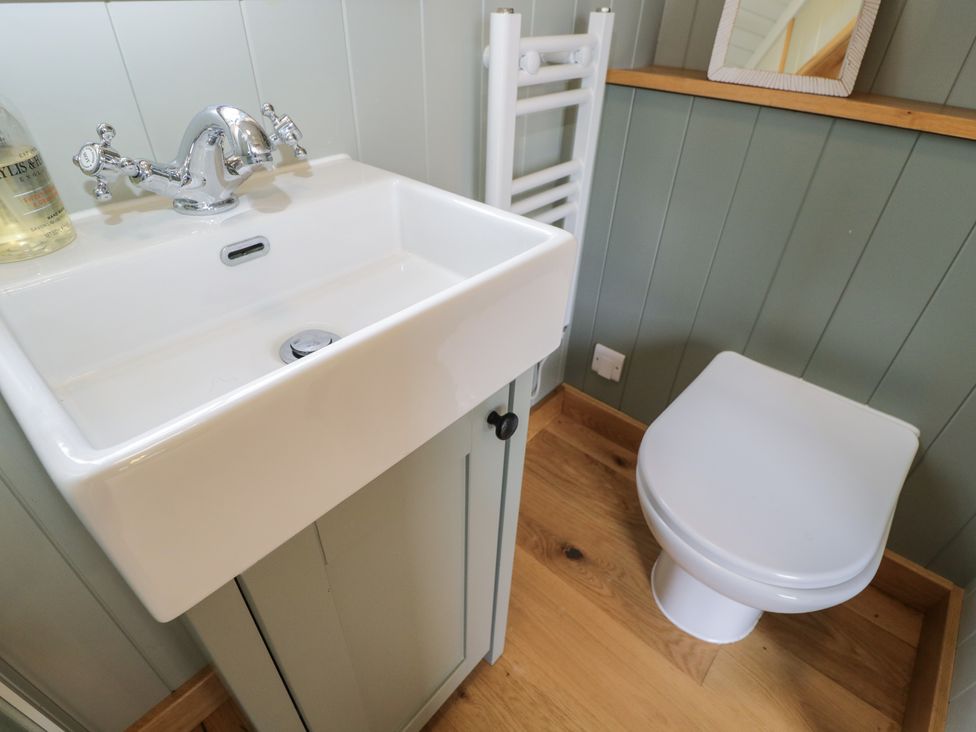 A bathroom sink with cabinet and a toilet on a wooden floor at Goose Whistle Hut in Foxham