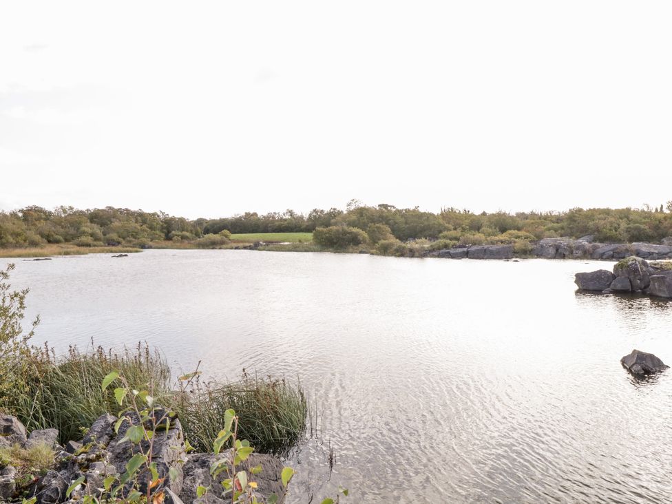A lake with rocks and bushes along the shore and trees in the background at Lakeside in Cahir near Ballinrobe County Mayo