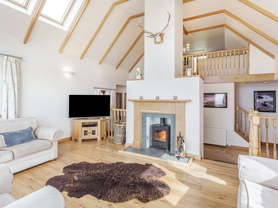 A living room with a fireplace a television on a stand a sheepskin rug and sofas at Askival in Elgol