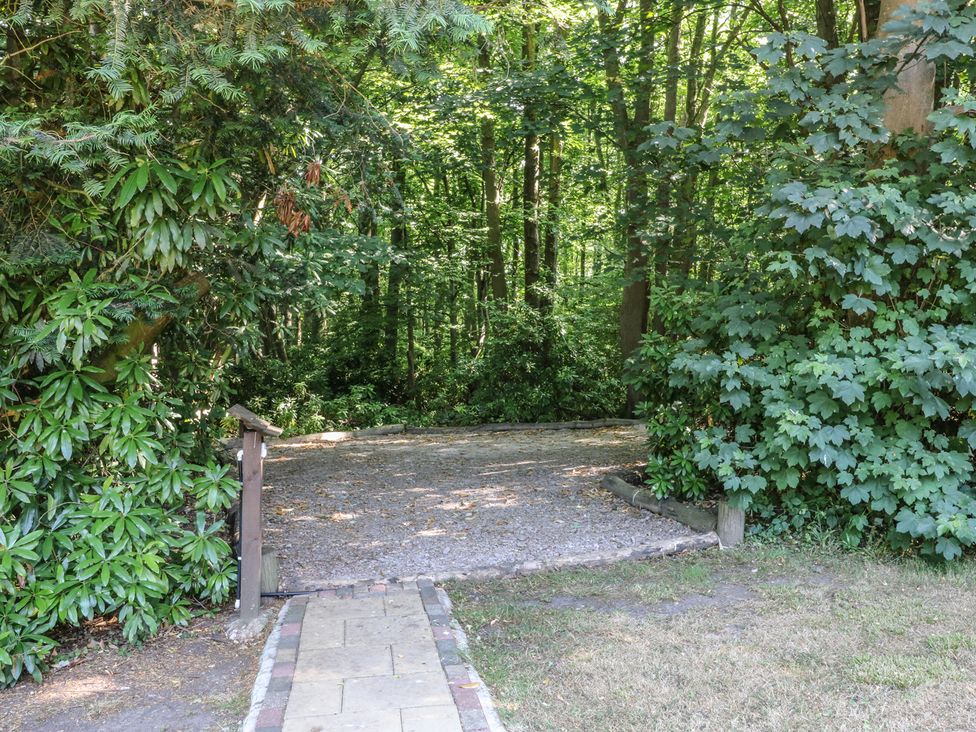 A gravel area surrounded by trees and bushes with a paved path leading to it at Badger View in Culverstone Green near Chatham