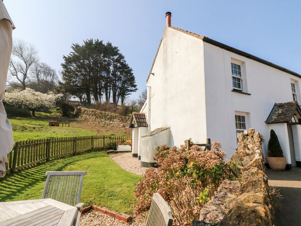 A white cottage with garden furniture and a wooden fence on a grassy area at Pheasant Cottage in Ilfracombe