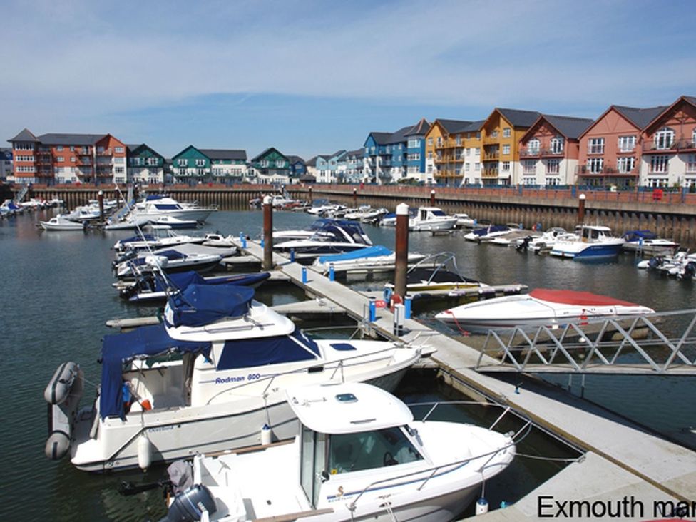 A marina with motorboats docked and colorful residential buildings in the background at Exmouth marina