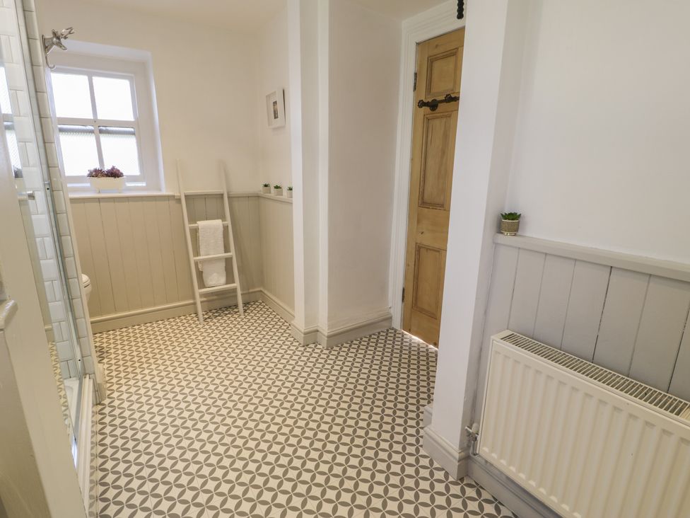 A bathroom with patterned floor tiles a wooden door a towel ladder and small potted plants at Bwthyn Morse in Llanfair
