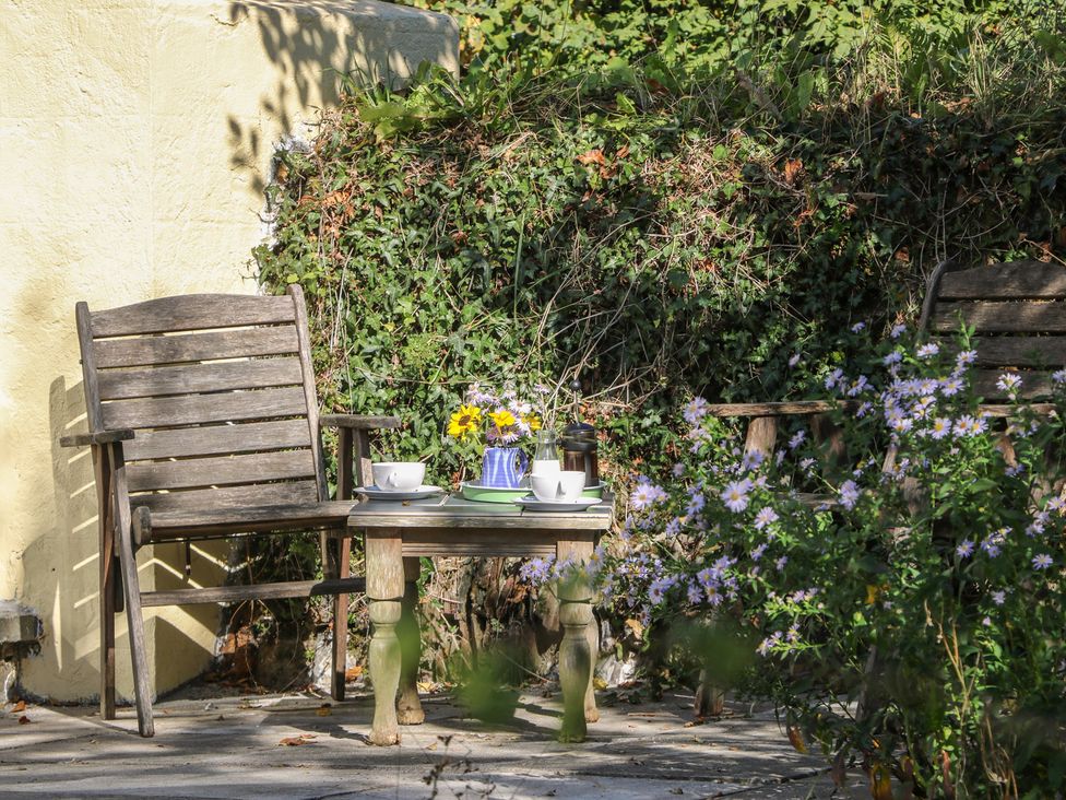 Two wooden chairs and a small table with flowers and cups outside against a wall with ivy and plants at The Daffodil Shed in Bere Alston