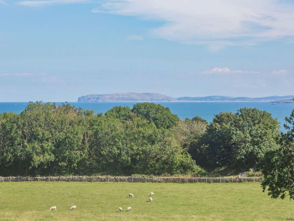 A field with sheep and trees and a view of the sea and distant hills at Tyn Y Berth in Benllech