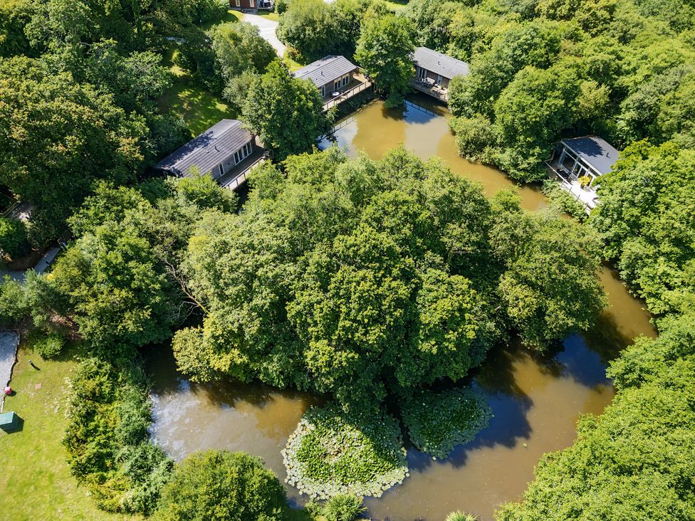 Aerial view of small houses by a pond surrounded by trees and greenery at 1 Lake View in Lanreath